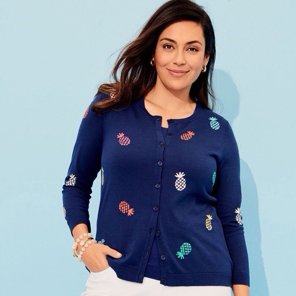 Talbots Charming Cardigan Tossed Pineapple 3/4 Sleeve Button Front Size XL P